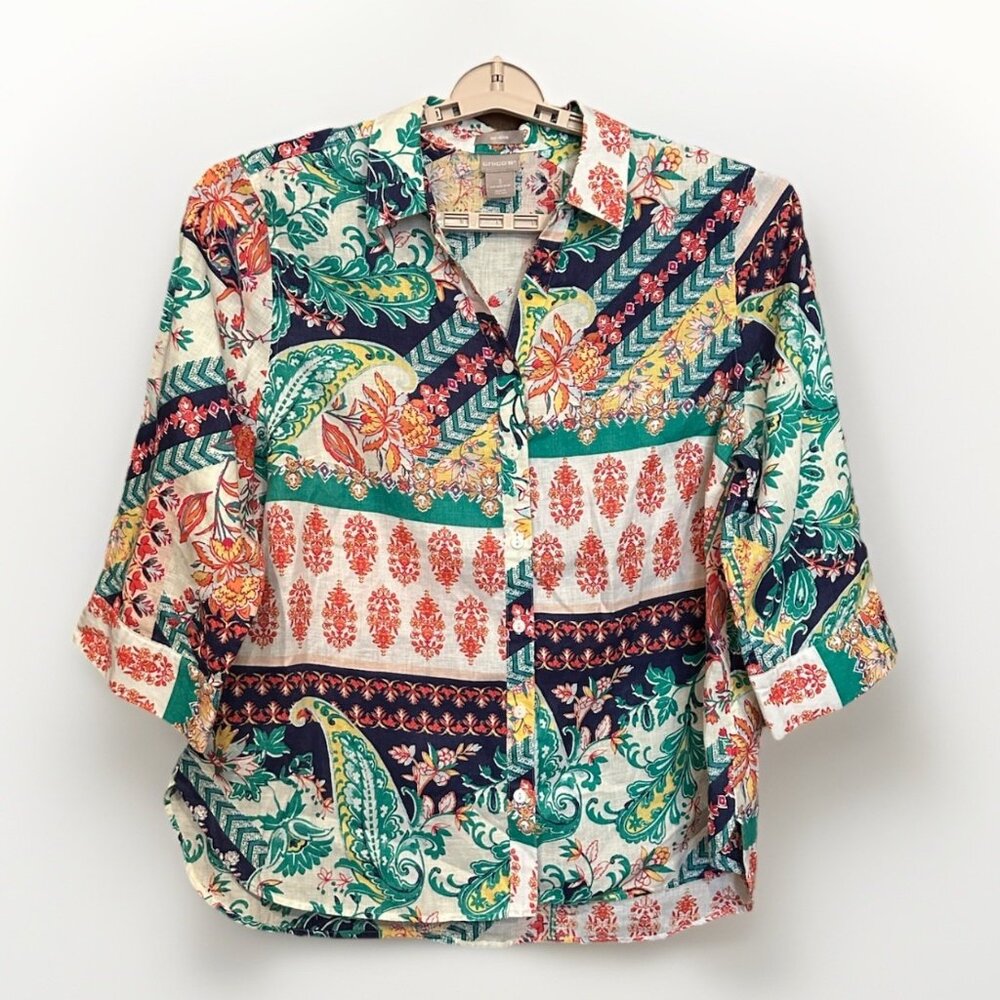 Chicos Linen Floral Geometric No Iron Button Shirt Blouse 3/4 Sleeve Sz 3 XLarge